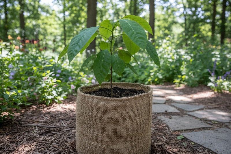 young paw paw tree in burlap grow bag